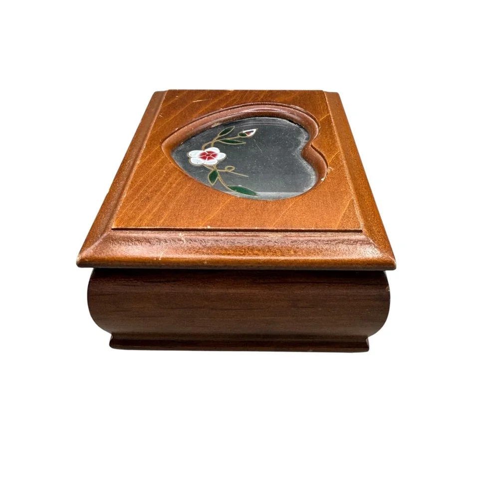 Vintage Wooden Jewelry Box Heart Glass Window Floral Inlay Ring Storage DYWJB103